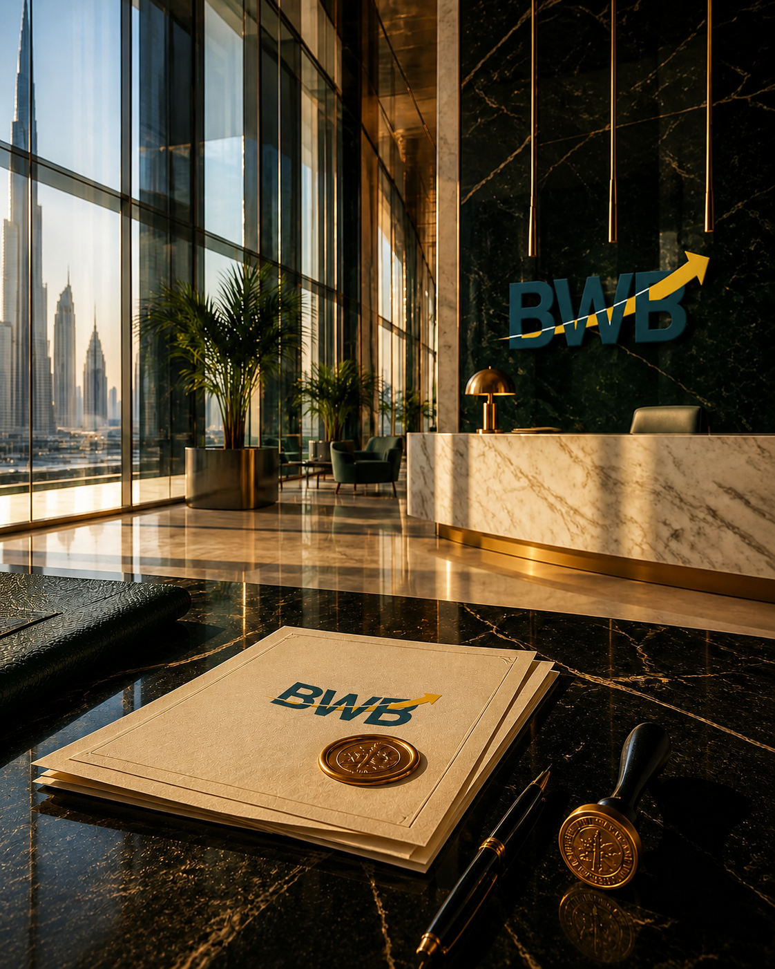 Marble desk in a Dubai tower lobby with sealed company incorporation documents
